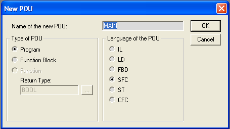 Do realizacji programów w języku SFC należy stosować kroki IEC. Opcja ta jest uaktywniana przy pomocy przycisku znajdującego się w pasku narzędzi oraz w menu Extras -> Use IEC-steps.