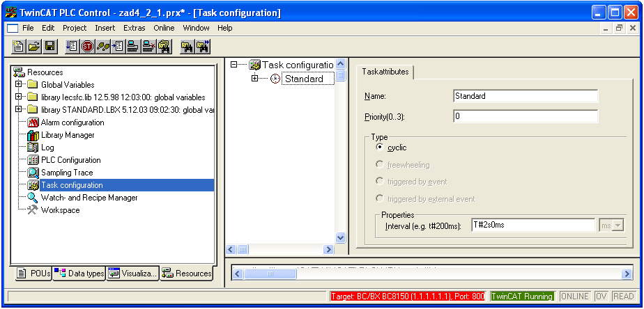 Kod Exit-Action kroku Normal: Kod Entry-Action kroku Stop: Kod akcji AStop: END_IF LEDNormal:=FALSE; P12:=FALSE; StopCounter:=0; LEDStop:=TRUE; StopCounter:=StopCounter+1; IF StopCounter=5 THEN