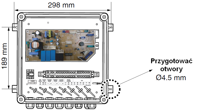 Instalacja zestawu sterującego Instalacja zestawu sterującego Instalacja mechaniczna 1. Odkręcić plastikowe śruby (4 szt.) i zdjąć pokrywę obudowy zestawu sterującego. 2.