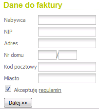 Po wypełnieniu formularza należy zaakceptować regulamin serwisu odznaczając odpowiednie pole i nacisnąć przycisk Dalej.