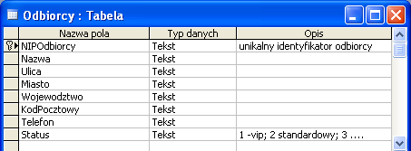 Prosty projekt tabeli Odbiorcy Tabela która ma zdefiniowane nazwy pól