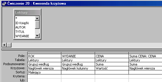 Zaznacz pole CENA do obliczania wartości na przecięciu wiersza i kolumny, wybierz funkcję Suma, naciśnij