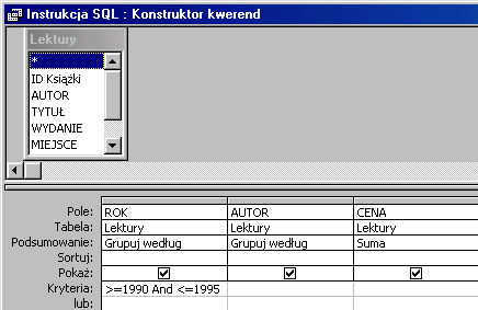 Jak to zrobić? Lektury - ćwiczenie 49. Utwórz raport w widoku projekt nie wskazując źródła danych. W widoku projekt raportu uczyń kwerendę tabeli Lektury z polami ROK, AUTOR oraz CENA.