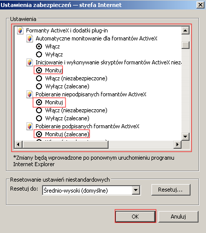 wybierz na dole opcję: Poziom niestandardowy, pojawi się okno Ustawienia zabezpieczeń Strefa Internet 3) Odszukaj opcje: Fromanty AciveX i dodatki plug-in, a następnie zweryfikuj 4 pierwsze pod