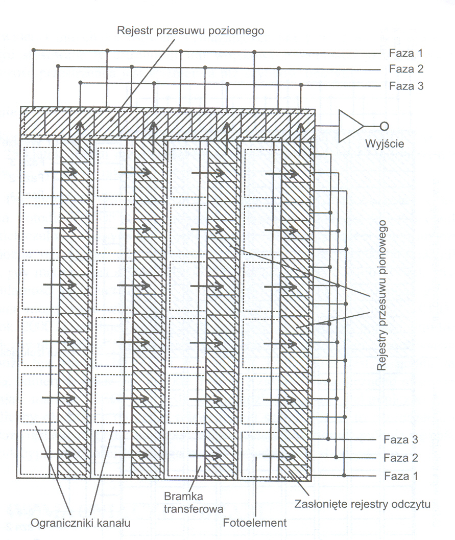 Matryca liniowa liniową strukturę przesuwu ładunku umieszcza się wzdłuż elementów fotodetekcyjnych w taki sposób, aby jeden fotoelement był sprzężony przez podłoże z każdym z trzech elementów