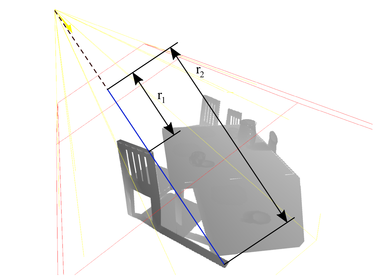 Rys. 23. Graficzna interpretacja współrzędnej r tekstury głębokości. Odcień szarości rzutowanej tekstury odpowiada odległości pierwszego napotkanego przez światło fragmentowi powierzchni obiektu.