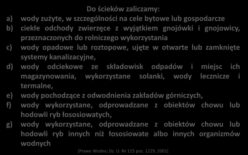 Do ścieków zaliczamy: a) wody zużyte, w szczególności na cele bytowe lub gospodarcze b) ciekłe odchody zwierzęce z wyjątkiem gnojówki i gnojowicy, przeznaczonych do rolniczego wykorzystania c) wody