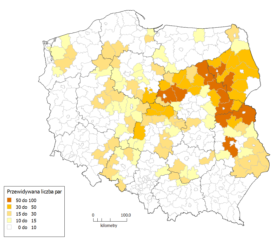 Ryc. 3. Mapa przewidywanej liczebności błotniaka łąkowego w 2013 r. w powiatach. Fig. 3. The map of predicted population size in 2013 within each county.