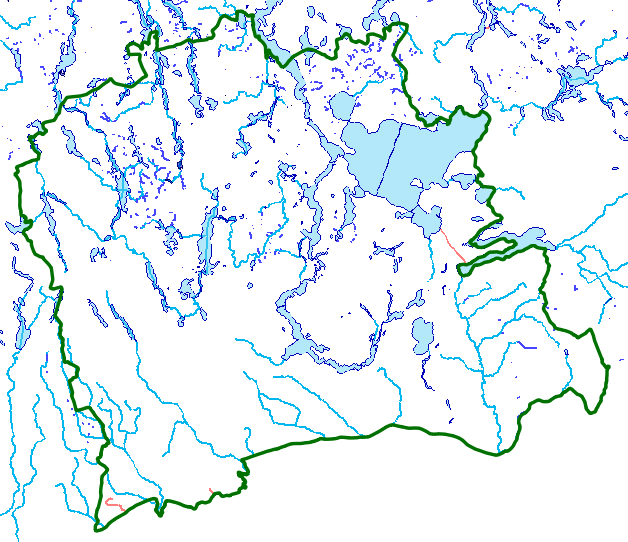 Ryc. 5. Sieć hydrograficzna w granicach LKP Lasy Mazurskie (zielona linia). I) CIEKI Przez obszar Leśnego Kompleksu Promocyjnego Lasy Mazurskie przepływają łącznie 64 cieki zestawione w tabeli 1.