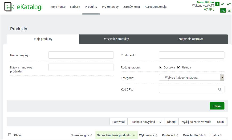 Wyszukiwanie produktów (1) W Panelu Produkty znajdują się zakładki: Moje produkty wszystkie karty produktów wykonawcy we wszystkich