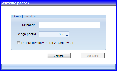 Opis programu 13 Ważenie paczek W programie Spedycja dostępna jest funkcja ważenia paczek, czyli wprowadzania informacji o wadze danej jednostki logistycznej.