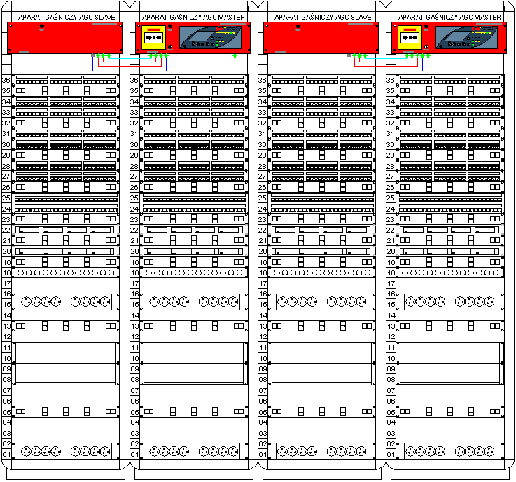 W przypadku trzech lub czterech szaf płącznych w jedną kubaturę, z zastswaniem klejneg Aparatu Gaśniczeg AGC Master dla trzech szaf i Aparatu Gaśniczeg AGC Master płączneg z AGC Slave dla czterech