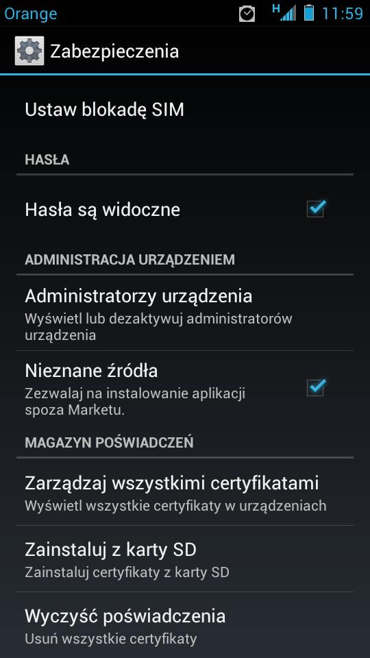 Następnie wchodzimy do: Ustawienia -> Zabezpieczenia/Bezpieczeństwo Włączamy opcję nieznane źródła.