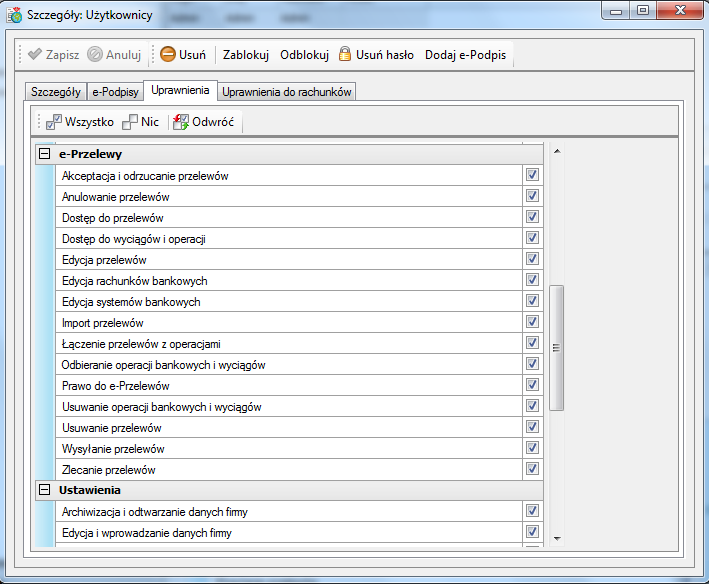 Ustawienia programu 37 Tryby pracy Rys. 4-4 Okno nadawania uprawnień w obszarze e-przelewów.