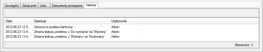 Filozofia programu 47 Rys. 5-2 Okno z listą przelewów i panelem, w którym widoczne są szczegóły poleceń przelewów. Rys. 5-3 Zakładka z historią operacji wykonywanych na poleceniu przelewu krajowego.