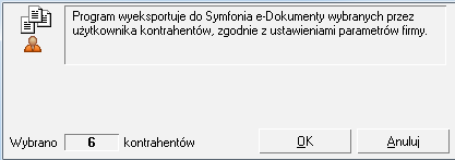 Współpraca z innymi programami 63 Rys. 6-5 Program Handel - eksport wybranych kontrahentów do programu e-dokumenty. 7. Pojawi się okno z informacją dotyczącą liczby eksportowanych kontrahentów: Rys.