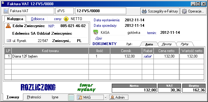 Współpraca z innymi programami 67 Rys. 6-9 Okno Wystawianie dokumentu. 1. Wybierz Rodzaj faktury: e-faktura. 2. Kliknij przycisk Wystaw dokument. 3. Wybierz przycisk OK. 4.