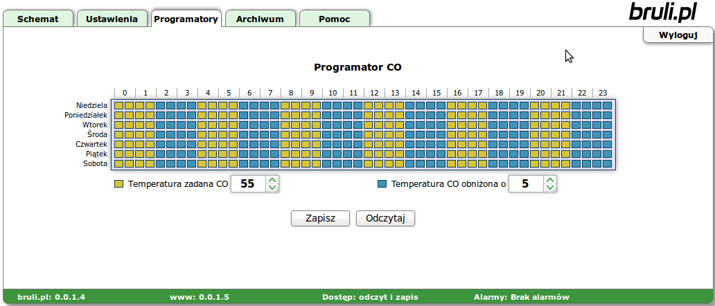 Zapisz. Ilustracja 20: Tablica tygodniowa dla programatora CO Sterownik bruli.pl rejestruje na karcie SD wszystkie możliwe parametry pracy.