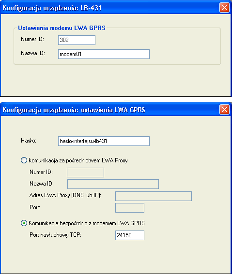 Interfejs LB-431 instrukcja użytkowania 8 typurzadzenia: LB-431. Nadaćnazwe, np.modem LWAwterenie. Jakomiejscedo l aczenia wybrać: LWA GPRS. Kliknać Dalej.