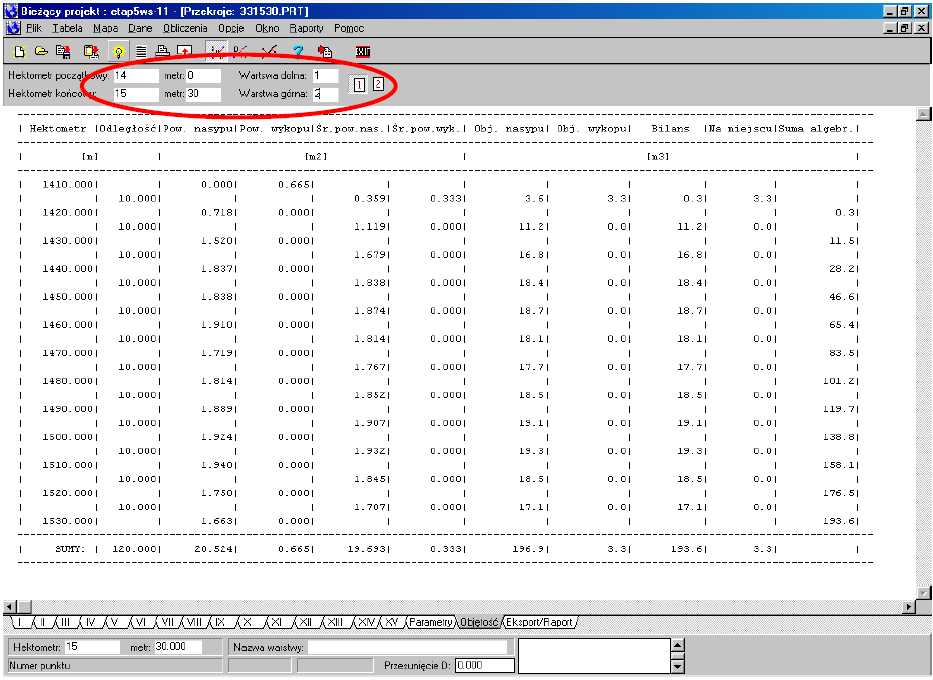 Po wejściu do zakładki Objętości trzeba podać hektometr początkowy i końcowy oraz numery warstw, między którymi obliczana będzie objętość.