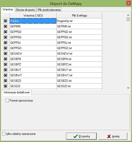 1.6.9 EWMapa pliki ASCII dla programu EWMapa W oknie dialogowym wypisane są wszystkie warstwy dostępne na mapie. Krzyżyk w pierwszej kolumnie oznacza, że dana warstwa będzie eksportowana.