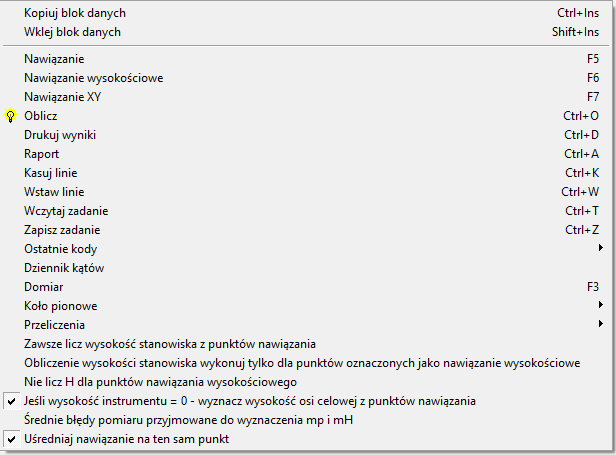 Menu podręczne dostępne po naciśnięciu prawego przycisku myszki zawiera oprócz podstawowych opcji modułu dodatkowe: Dziennik kątów po wykonaniu obliczeń można wygenerować zadanie dla modułu Azymuty,