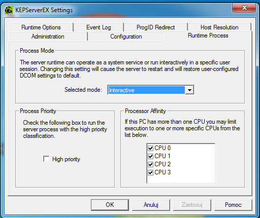 Rys. 1. KepServer Settings Następnie należy uruchomić KepServer EX5 Configuration (ikona na pulpicie lub PPM na ikonie przy zegarze systemowym i wybranie Configuration).