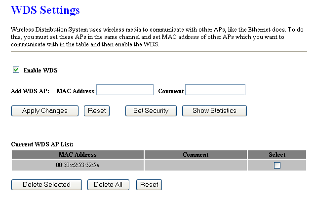 Wirless>WDS Setting W zakładce tej zaznaczamy Enabled WDS i wpisujemy adres LAN urzadzenia przeciwnego. Całość potwierdzamy (Apply Changes).