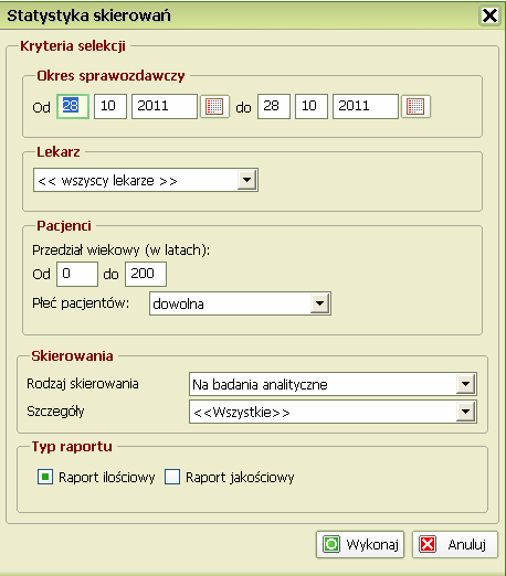 Statystyka skierowań Wpisz Okres sprawozdawczy w pola tekstowe lub skorzystaj z modułu kalendarza, klikając ikonkę Kliknij strzałkę i z rozwijanego menu wybierz Lekarza Wypełnij pola Przedział