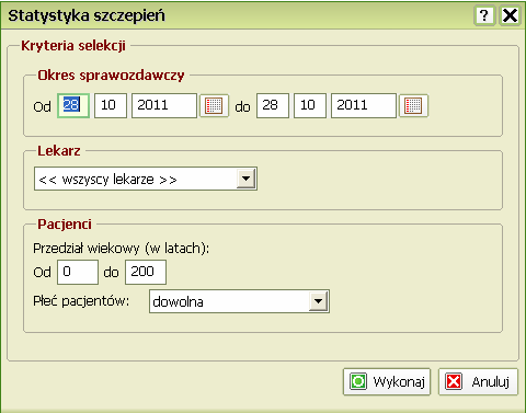 Statystyka szczepień Wpisz Okres sprawozdawczy w pola tekstowe lub skorzystaj z modułu kalendarza, klikając ikonkę Kliknij strzałkę i z rozwijanego menu wybierz Lekarza