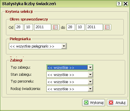 Statystyka liczby świadczeń pielęgniarek i położnych Wpisz Okres sprawozdawczy w pola tekstowe lub skorzystaj z modułu kalendarza, klikając ikonkę Kliknij strzałkę i z rozwijanego menu wybierz