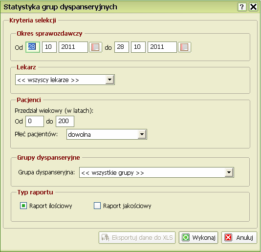 Statystyka grup dyspanseryjnych Wpisz Okres sprawozdawczy w pola tekstowe lub skorzystaj z modułu kalendarza, klikając ikonkę Kliknij strzałkę i z rozwijanego menu wybierz Lekarza Wypełnij pola