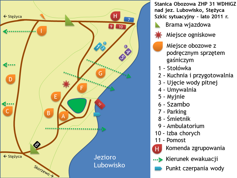 nie mniej niż 1 km. Równocześnie przejście z najdalszego miejsca obozowego do stołówki czy kąpieliska nie trwa więcej niż 7 minut.