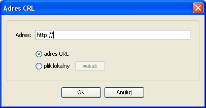 Rysunek 4. Okno definiowania adresu listy CRL.