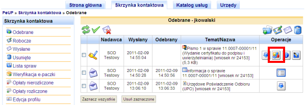 Po pozytywnej weryfikacji wniosku, do katalogu Odebrane Skrzynki kontaktowej PeUP trafia paczka zawierająca dokument z informacjami o wystawionym certyfikacie wraz z zakodowanym w dokumencie