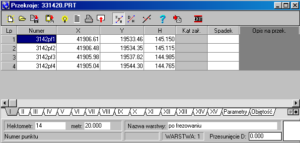 Zakładka "Parametry" umożliwia określenie: ilości i zawartości wierszy umieszczonych w tabelce pod przekrojem. poziomów porównawczych. kolorów poszczególnych warstw przekrojów.