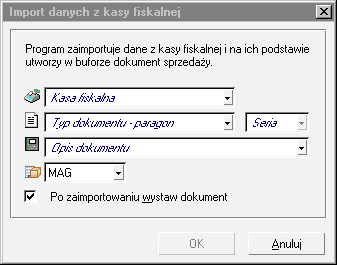 202 Podręcznik użytkownika Handel Rys. 7-3 Okno Import danych z kasy fiskalnej. Zaleca się generowanie dokumentu raz dziennie tuż przed wykonaniem raportu dobowego.