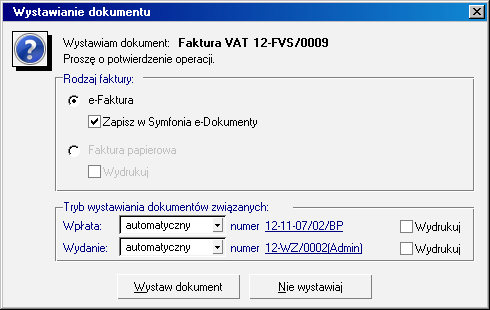 Sprzedaż 205 Rys. 7-5 Okno Wystawiania dokumentu (Zgoda domniemana włączona). 3. Użytkownik na umowę z serwisem miedzyfirmami.pl: Można wysyłać dokumenty do serwisu lub według ustawień programu.