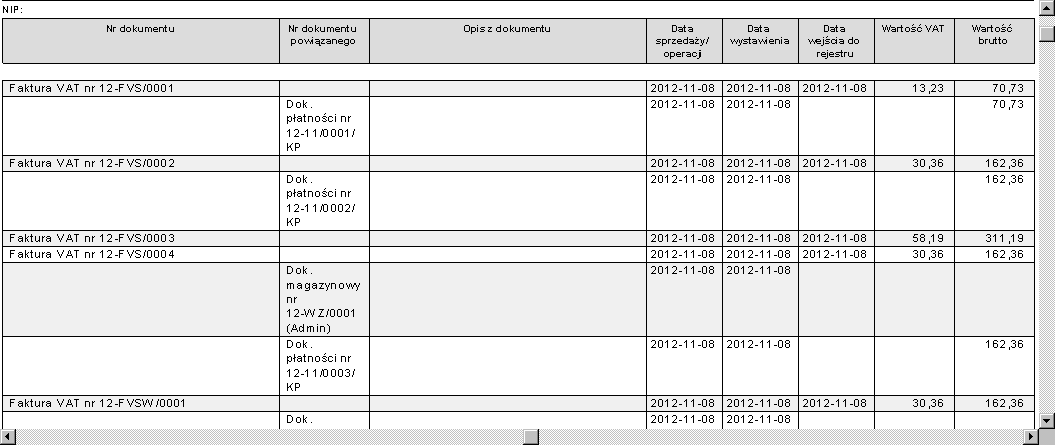 252 Podręcznik użytkownika Handel Wykonaj raport Kontrola faktur xxx (Kartoteka sprzedaży i Kartoteka zakupu) Raporty wskazują powiązania między dokumentami operacji handlowych, magazynowych i