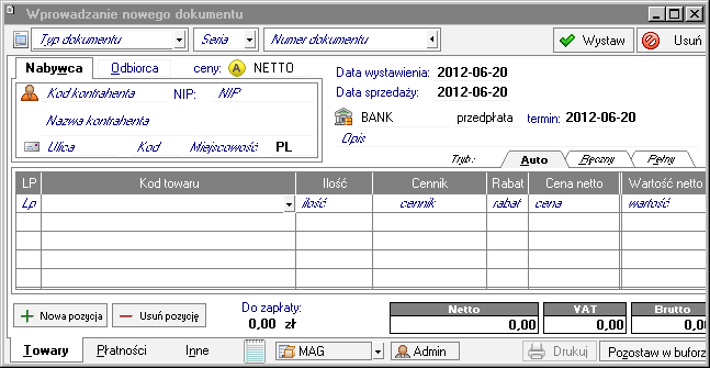 Podstawowe pojęcia i dane 105 Dane podstawowe Rys. 3-17 Okno wystawiania dokumentu.