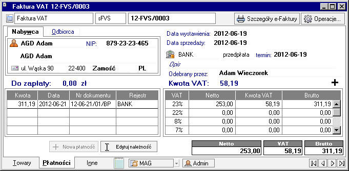 Podstawowe pojęcia i dane 113 Rys. 3-25 Dokument zakupu zawierający towar, który nie podlega VAT.