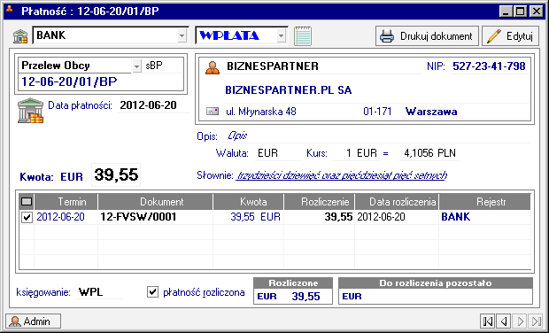 Podstawowe pojęcia i dane 121 Zleć e-przelew Program zleca e-przelew dla rachunku dla którego będzie wystawiony rozrachunek, na kwotę pozostałą do rozliczenia z rozrachunku.