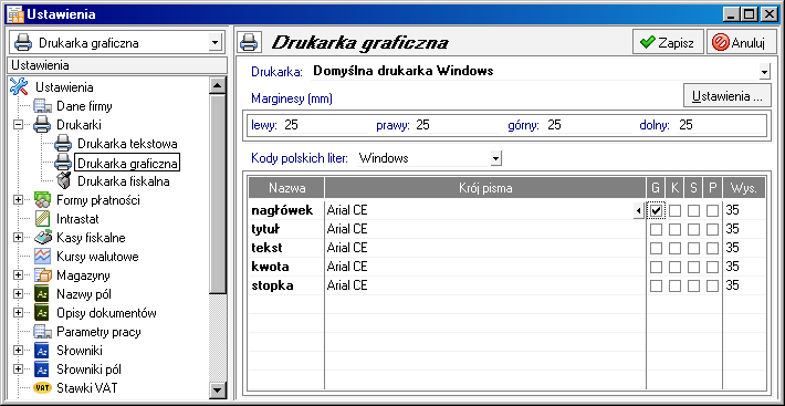 Administracja 87 Marginesy Rys. 4-2 Ustawienia drukarki graficznej i krojów pisma. Umożliwia określenie sposobu formatowania strony wydruku, czyli łatwe pozycjonowanie wydruków dla dowolnych drukarek.