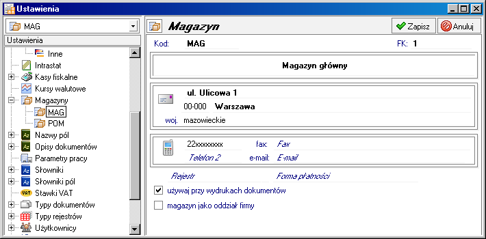 Administracja 99 Rys. 4-11 Okno ustalania kursów walut. Magazyny Ta pozycja kartoteki ustawień zawiera dane opisujące magazyny.