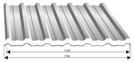 Cennik pokrycia dachowe TRAPEZ T-18 Szerokość całkowita: 1155 mm Szerokość krycia rzeczywistego: 1120 mm Grubość blachy: 0,5 0,6 mm Zalecana długość: max 10 mb Wysokość profilu: 18 mm T-18plus szer.