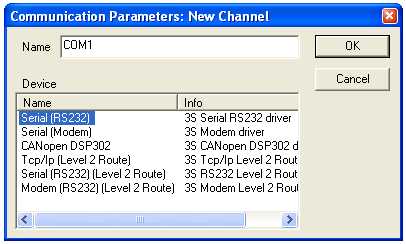 Pojawi się wówczas następujące okno: Należy wybrać New... W polu Name wpisać dobrze kojarzącą się nazwę, przykładowo COM1, a z pola Device wybrać Serial (RS232).