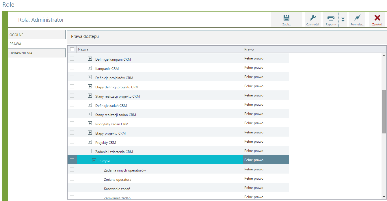 Określenie praw dla operatora W przypadku zadań istnieje drugi mechanizm określana praw. Jest on konfigurowany w uprawnieniach roli, w gałęzi Zadania Zadania i zdarzenia CRM Simple.