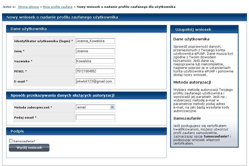 Rysunek 15 Wniosek o PZ użytkownika Krok 3. Z dostępnej listy należy wybrać metodę autoryzacji 4 profilu zaufanego (Rysunek 16), a następnie wpisać parametr dla wybranej metody autoryzacji (np.