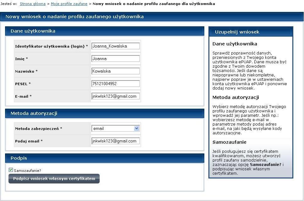 Rysunek 17 Wniosek o PZ użytkownika - Samozaufanie Krok 5.
