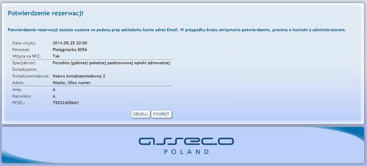 21 Rys. 26. Dane do rezerwacji Przycisk Rezerwuj wyświetla informacje szczegółowe odnośnie rezerwowanego terminu. Jeżeli wszystkie dane są zgodne należy kliknąć przycisk Wyślij.